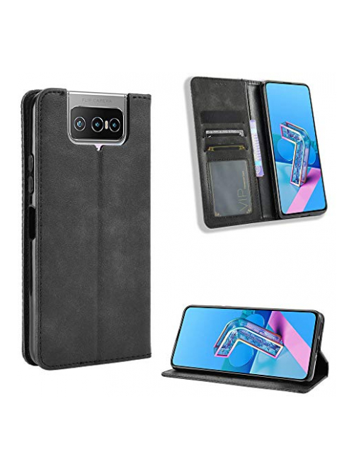 BaiFu Schwarz Leder Handyhülle für Asus Zenfone 7 Pro Handyhülle24