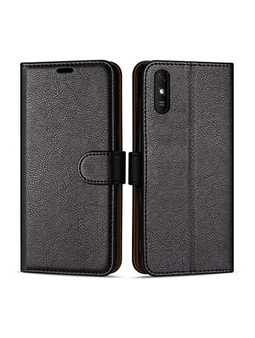 Case Collection Schwarz PU Leder und TPU Gel Handyhülle für Xiaomi Redmi 9A Handyhülle24